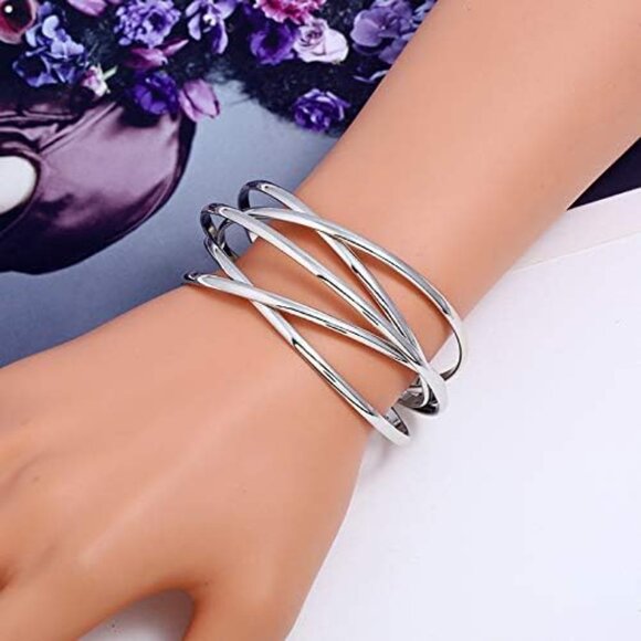 Boho Multi-Layer Cross Wire Cuff Bracelet for Women Adjustable Jewelry - Picture 2 of 7